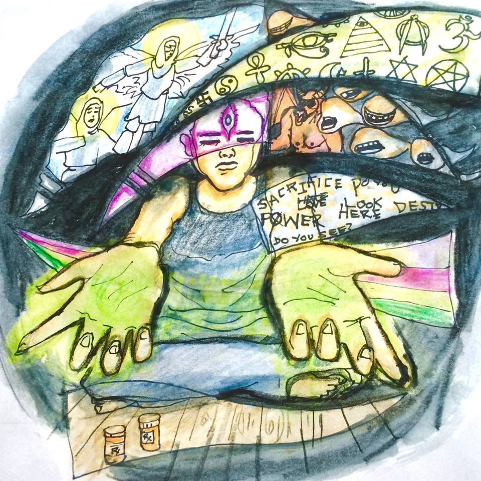 Watercolor of a seated figure with a third eye, hands outstretched over prescription bottles, surrounded by panels of symbols