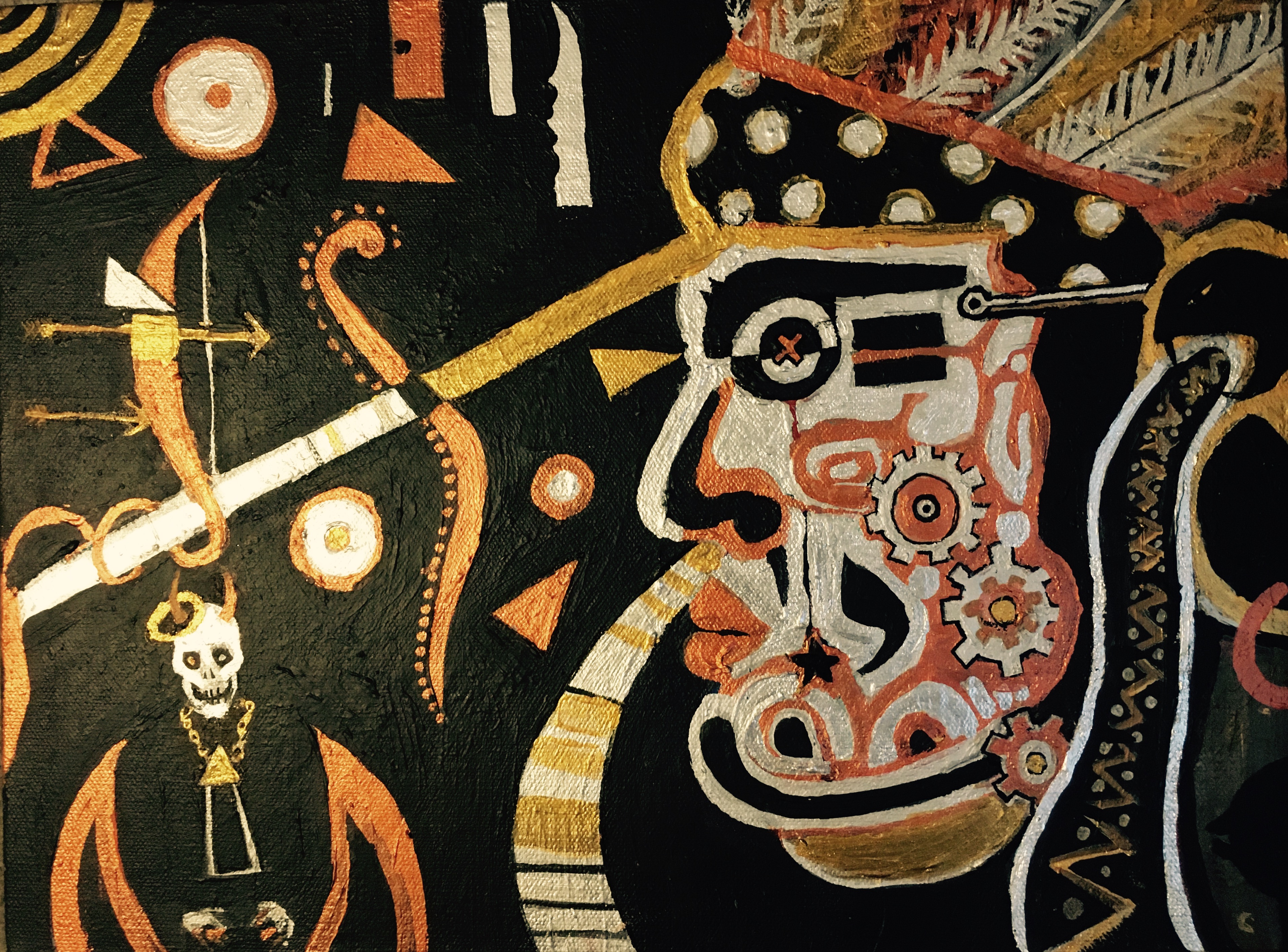 Acrylic painting in black, gold, and copper of a mechanical face with gears, surrounded by symbols