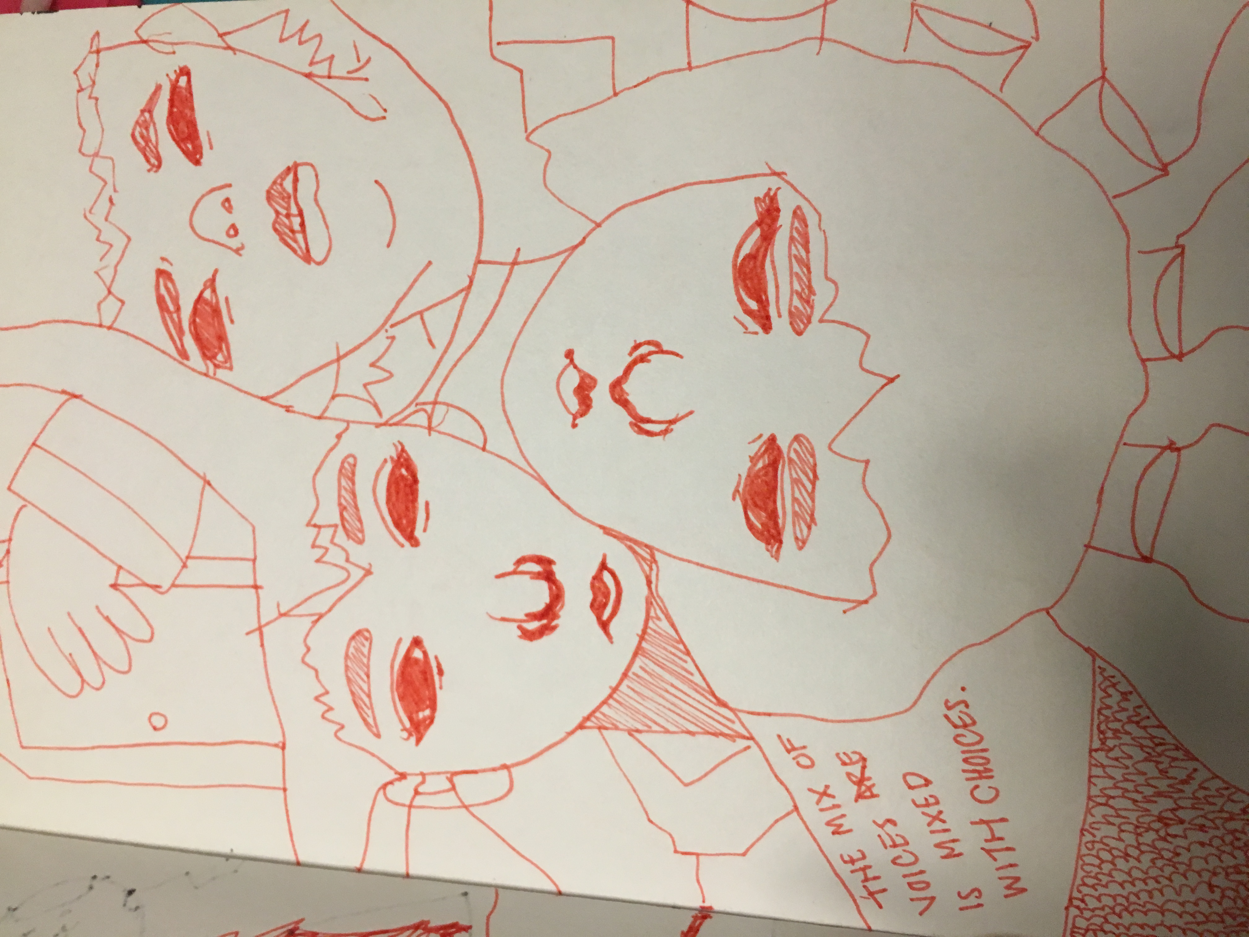 Red pen sketchbook drawing of overlapping faces, captioned the mix of voices are is mixed with choices