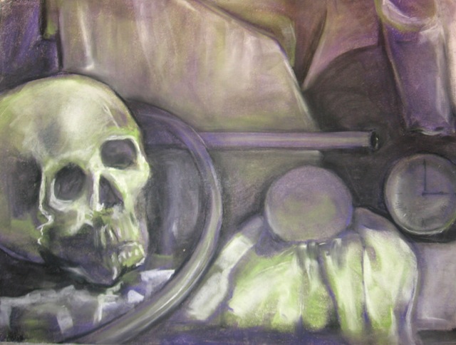 Pastel still life in purples and greens with a skull, a clock, and draped fabric