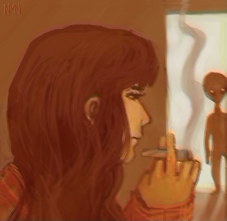 Warm-toned digital drawing of a person smoking by a window while a small alien figure stands in the doorway