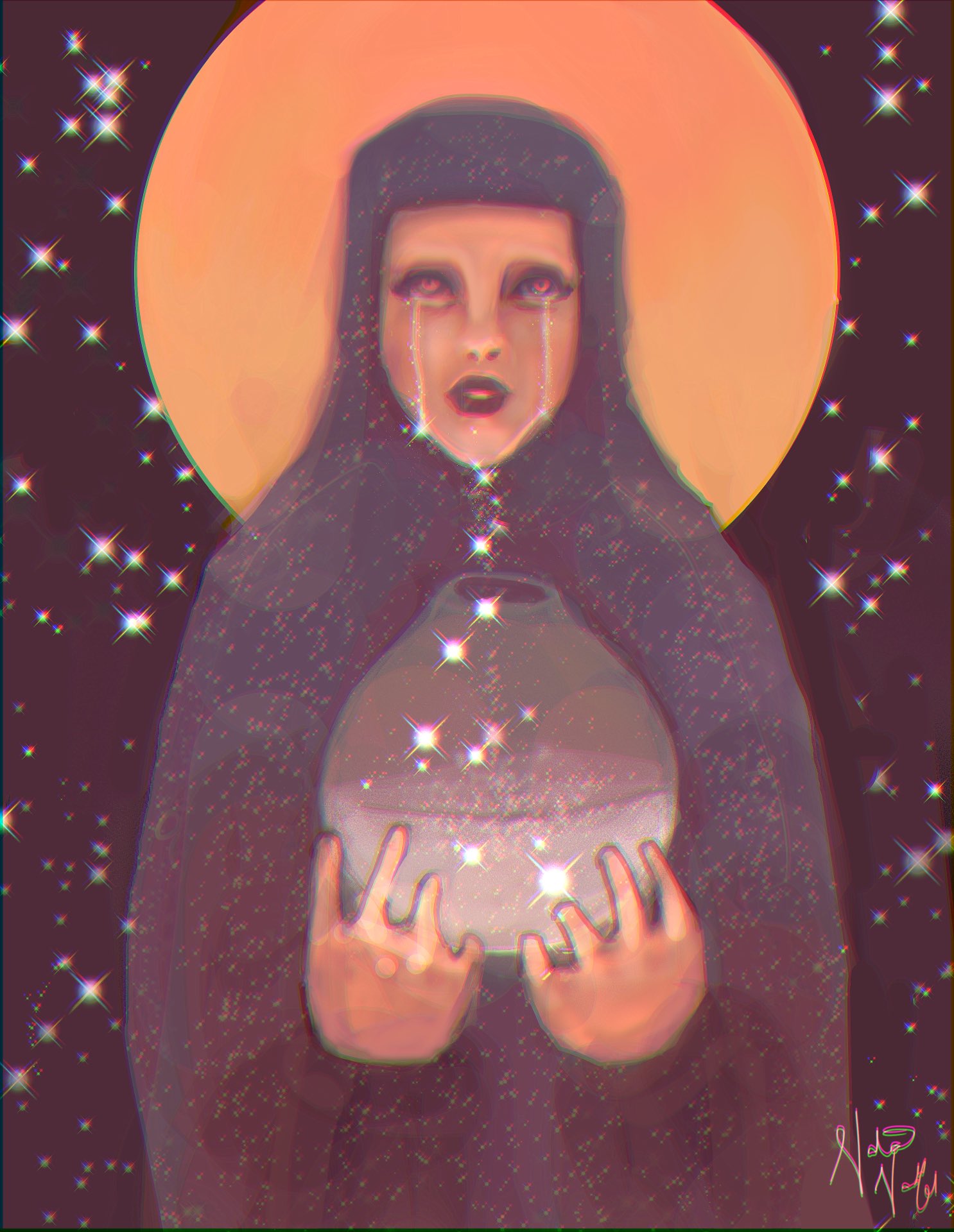Glittering digital portrait of a veiled figure with a halo, weeping while holding a bowl of light